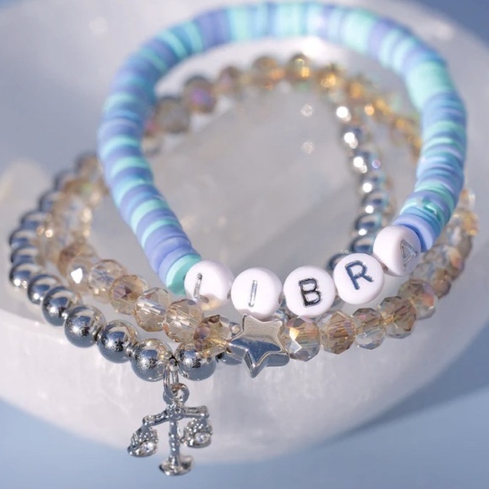 New Zodiac Charm Bracelet Set Blue Silver Libra Sign Moon Rising Justice Scale